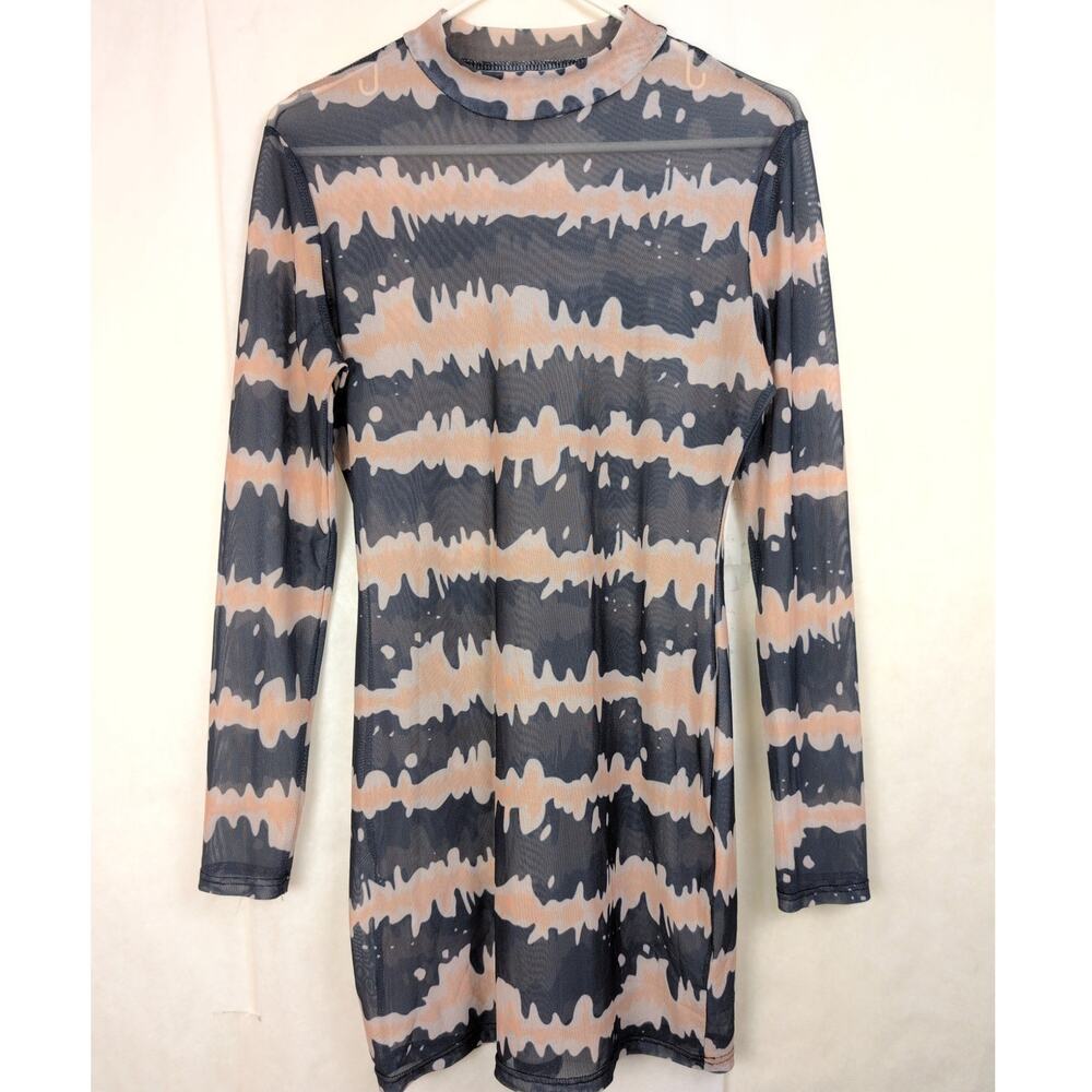 Sheer mesh dress black tan long sleeve Size Large Festival Grunge Indie Sleaze